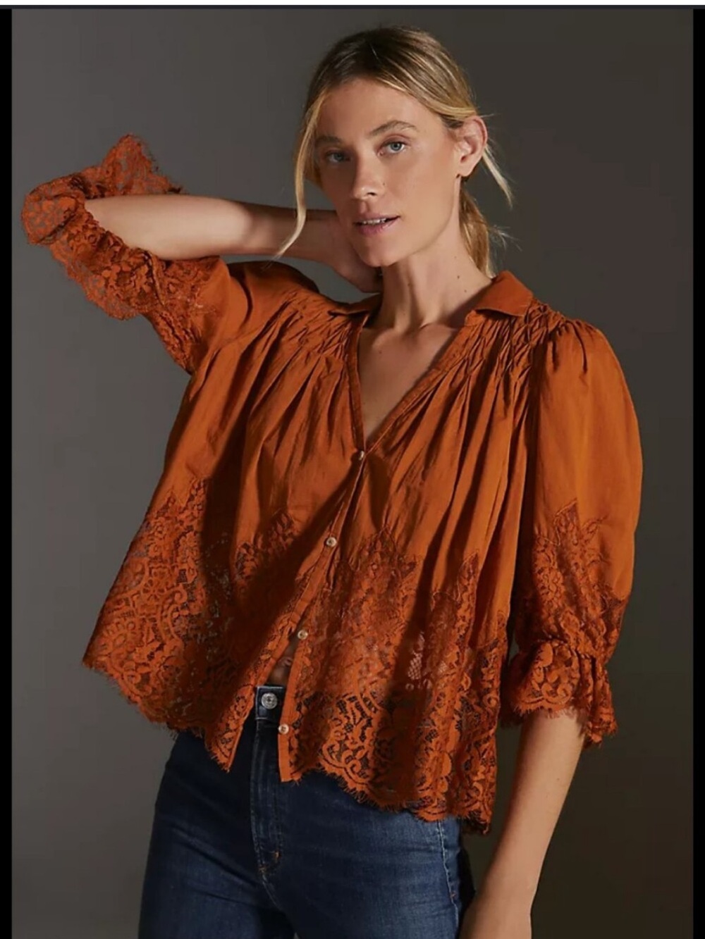 Anthropologie Burnt Orange Lace-Trim Button-Down Shirt